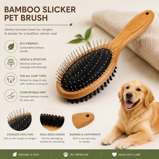Double-Sided Pet Slicker Brush – Bamboo Grooming Comb for Shedding & Tangles